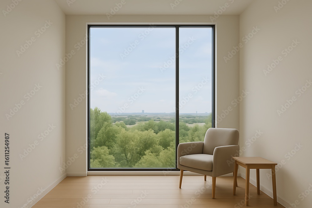 Fototapeta premium Cozy corner with a view of lush greenery in a modern room during daylight