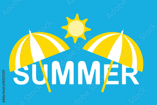 Colorful vector illustration with two yellow umbrellas, the word "SUMMER," and a shining sun. Perfect for seasonal designs