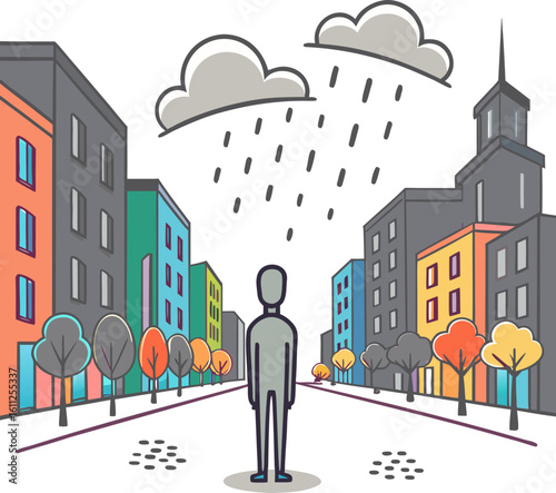 A metaphor for the loss of color in the world and depression. A gray rain falls on a vibrant cityscape, washing away the colors, symbolizing sadness, loss of joy, and emotional burnout.