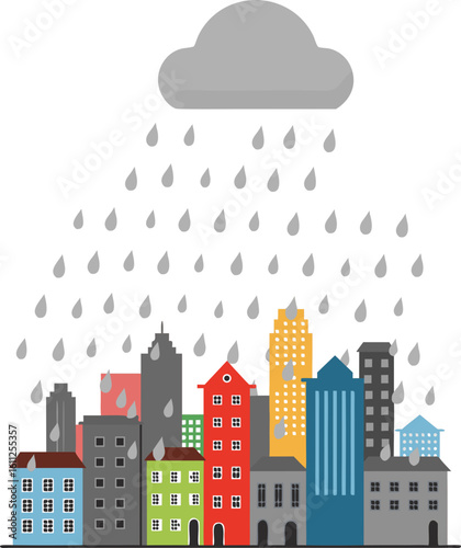 A metaphor for the loss of color in the world and depression. A gray rain falls on a vibrant cityscape, washing away the colors, symbolizing sadness, loss of joy, and emotional burnout.