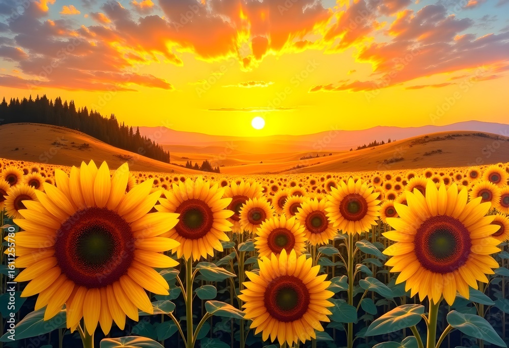 Fototapeta premium Sunflowers on sunset background