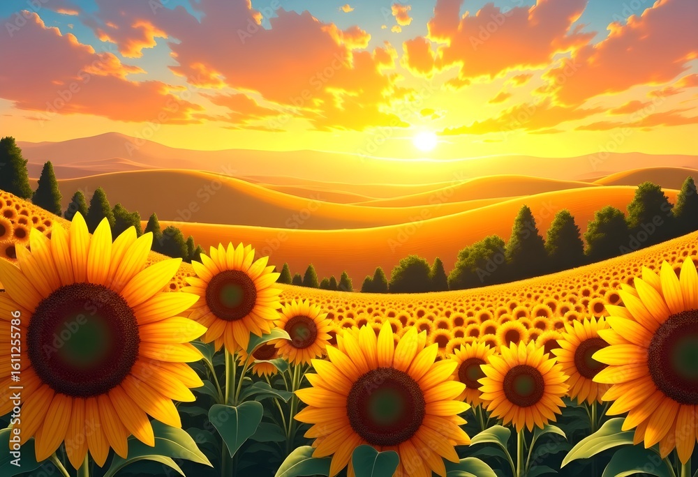Fototapeta premium Sunflowers on sunset background