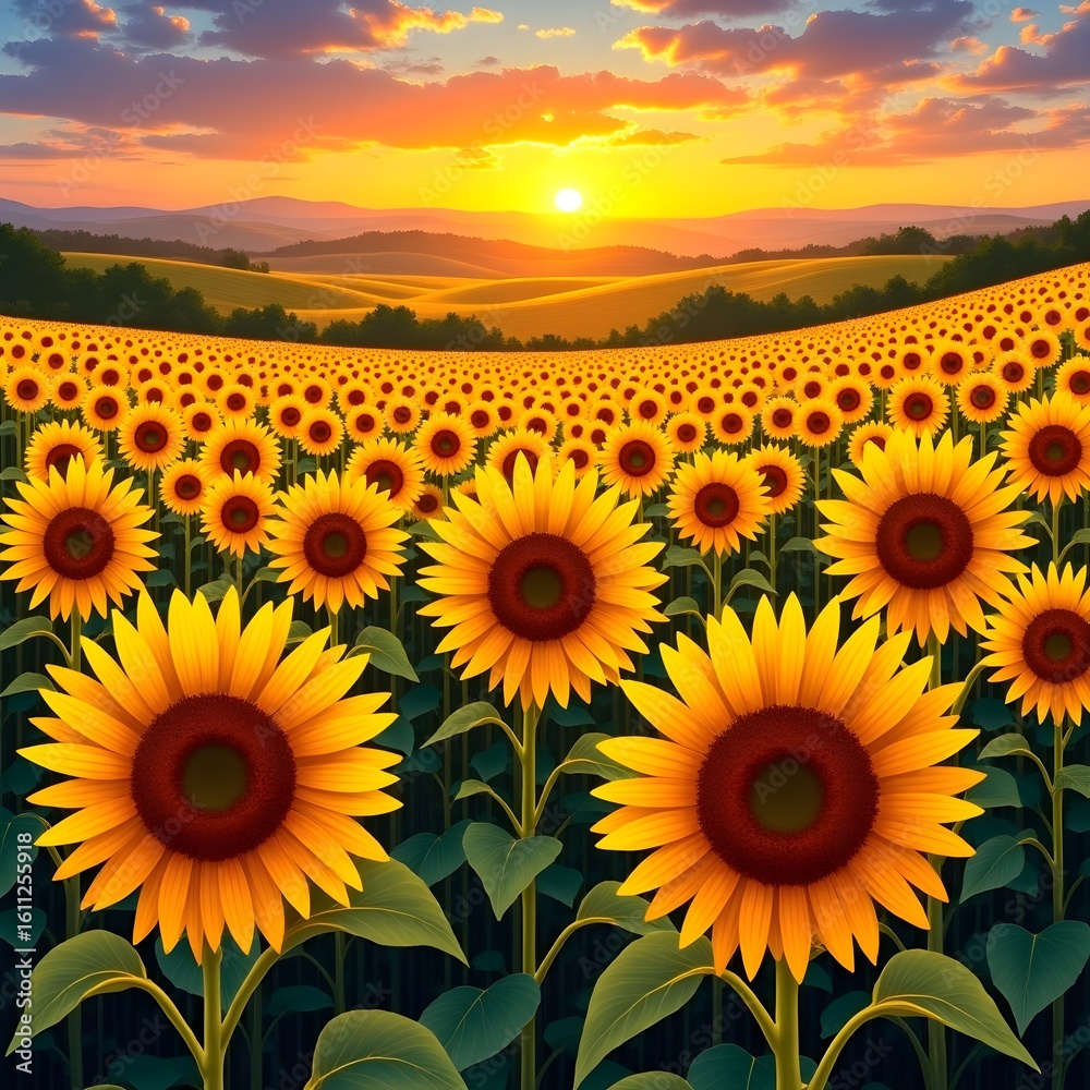 Fototapeta premium Sunflowers on sunset background