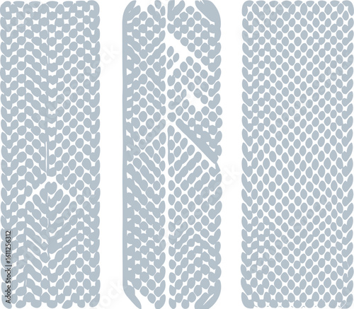 Set of three different shoe sole tread patterns, isolated rubber outsole texture design, cad drawing flat vector illustration template
