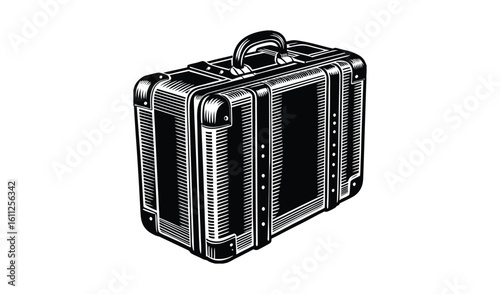 Vintage suitcase illustration in black and white engraving style
