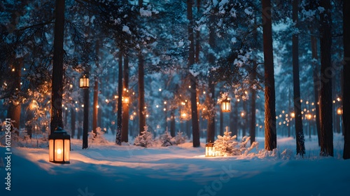 Snowy pine forest background during blue hour glowing lantern lights magical winter scenery perfect for holiday themes seasonal product promotions and cinematic storyboards