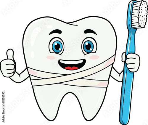 Cute cartoon tooth character smiling with toothbrush, promoting dental hygiene, oral health, brushing teeth, kids dentistry, healthy white smile