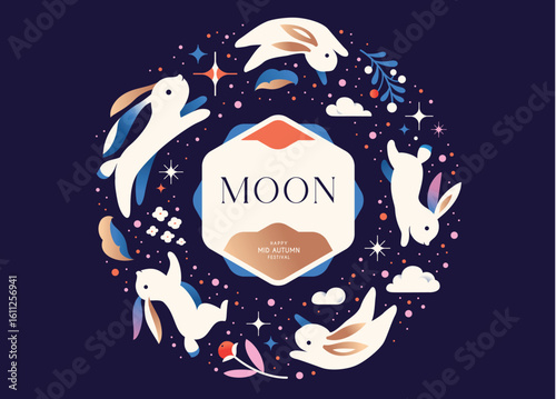 Happy Mid Autumn Festival with cute rabbit on the background of the starry sky. Chinese translation: Mid-Autumn Festival
