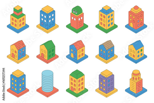 Isometric Cityscape with Cartoon Buildings and Houses for Real Estate Development and Urban Planning Illustration