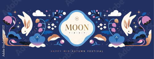 Happy Mid Autumn Festival with cute rabbit on the background of the starry sky. Chinese translation: Mid-Autumn Festival
