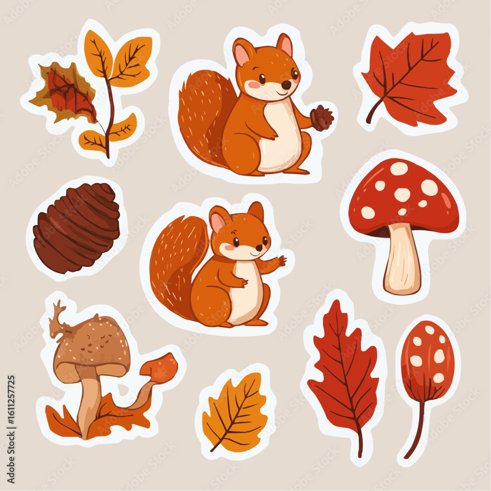 Obraz premium Cute squirrel with baby squirrel and autumn forest elements in a sticker set, perfect for printable kids decor, diy activities and seasonal paper crafts