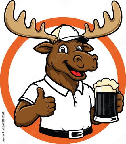 Funny cartoon moose character holding beer mug, wearing white shirt and cap, giving thumbs up, mascot for brewery and bar branding