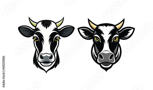 Two stylized black and white cow heads facing forward