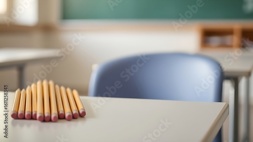 A classroom desk holds neatly arranged sharpened pencils, with soft focus on an empty chair nearby.