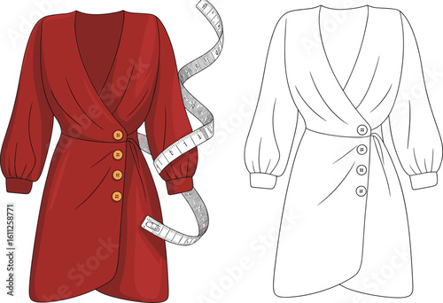 Wrap dress with buttons and puff sleeves flat sketch, red fashion illustration with measuring tape, CAD drawing flat vector illustration