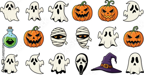 Spooky Halloween Cartoon Vector Set with Ghosts, Jack-o'-Lanterns, Mummies, Witch Hat, and Potion Bottle for Holiday Designs
