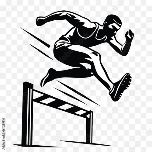 Dynamic Black and White Illustration of a Hurdler Mid Jump over a Hurdle on a Transparent Background
