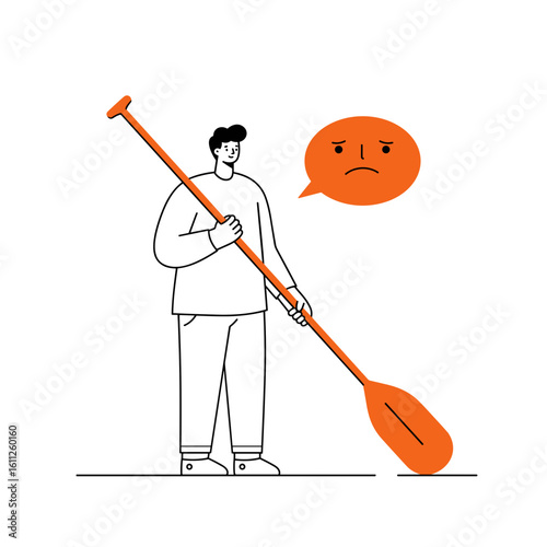 Man holding an oar with a sad expression in a minimalist style  