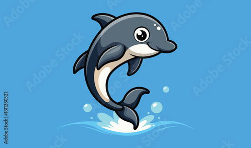 Cute cartoon dolphin jumping out of blue water with splashes