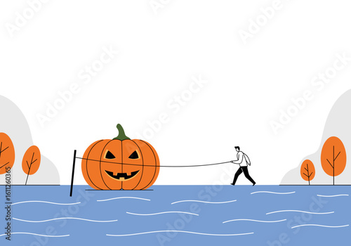 Man pulling large pumpkin in water during The Great Pumpkin Regatta  