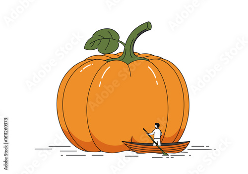 Man rowing in a boat beside oversized pumpkin for The Great Pumpkin Regatta  
