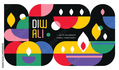 Happy Diwali modern geometric style poster, greeting card, background. Vector illustration with diya oil lamps.
