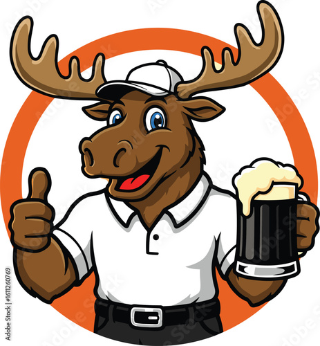 Smiling cartoon moose mascot holding a beer mug, wearing cap and white shirt, giving thumbs up in circle logo badge