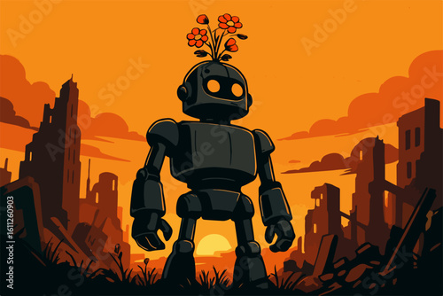 Robotic figure with flowers growing from its head in a post-apocalyptic landscape at sunset