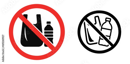 No plastic bags and bottles prohibition signs representing environmental protection and sustainability