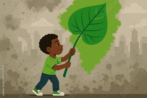 Boy holding a large green leaf against a polluted urban background representing environmental activism