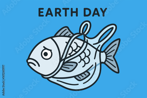 Sad fish tangled in a plastic bag with "Earth Day" text symbolizing ocean pollution