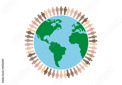 Planeta tierra rodeado de siluetas de personas de diferentes etnias 