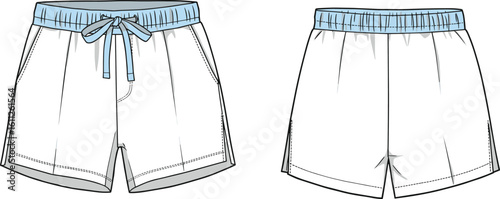 CAD drawing flat vector illustration of summer shorts, front and back views, drawstring waistband, pocket detail, fashion apparel sketch, clothing design template, technical garment layout