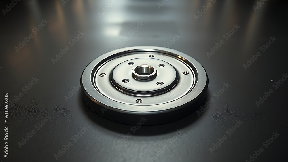 A single weight plate resting on a gym floor, showcasing metallic reflections and minimalistic design. A single weight plate resting on a gym floor, showcasing metallic reflections and minimalistic design.