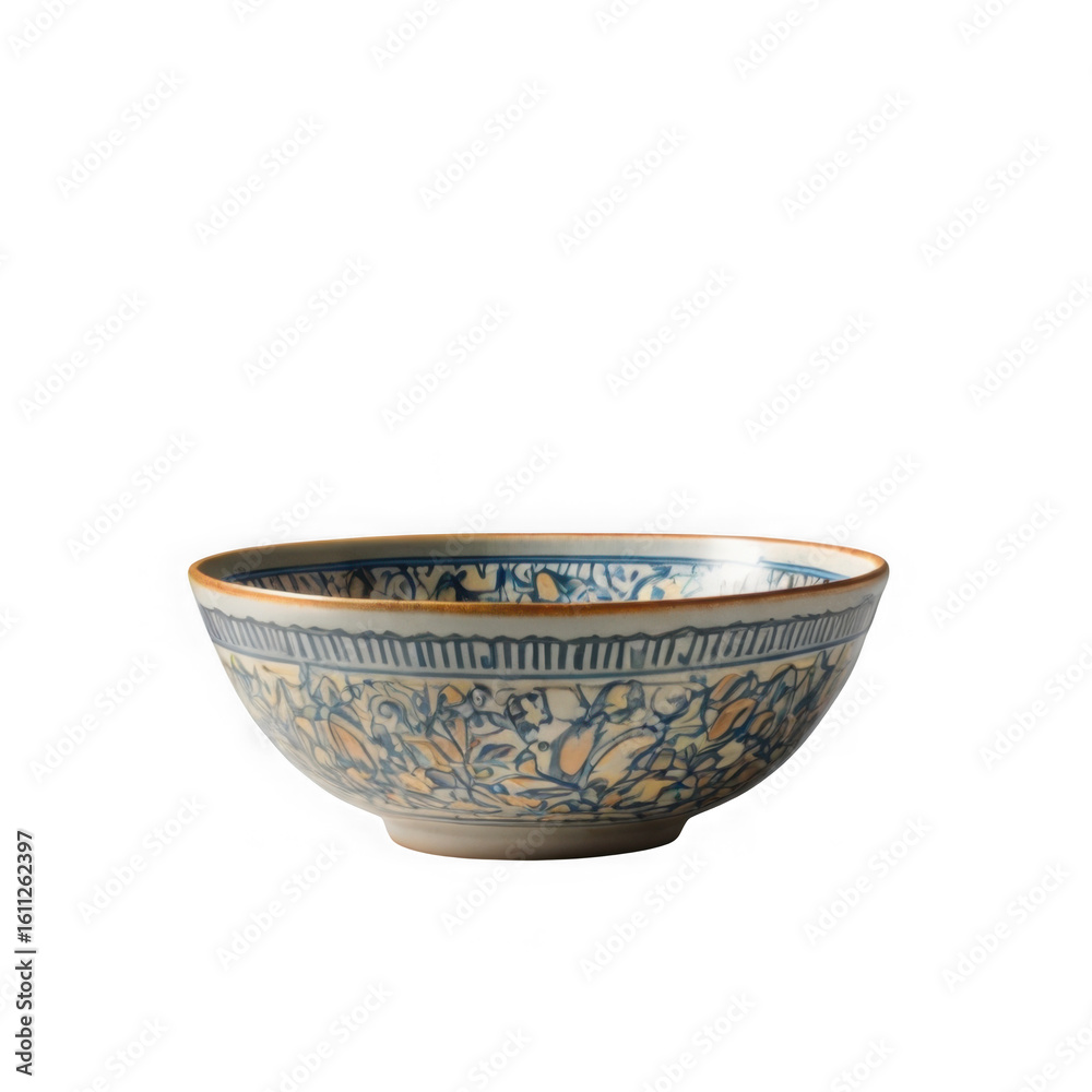 Photo of an ornate blue and white ceramic bowl with gold rim and intricate floral patterns, isolated on a transparent background Photo of an ornate blue and white ceramic bowl with gold rim and intricate floral patterns, isolated on a transparent background
