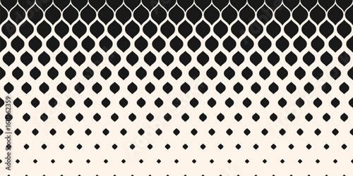 Abstract geometric pattern with halftone effect, fading shapes, leaves, mesh, grid. Horizontally seamless background. Trending vector black and white half-tone texture. Repeated design for print