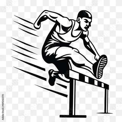 Dynamic Black and White Illustration of a Hurdler Mid Jump over a Hurdle on a Transparent Background
