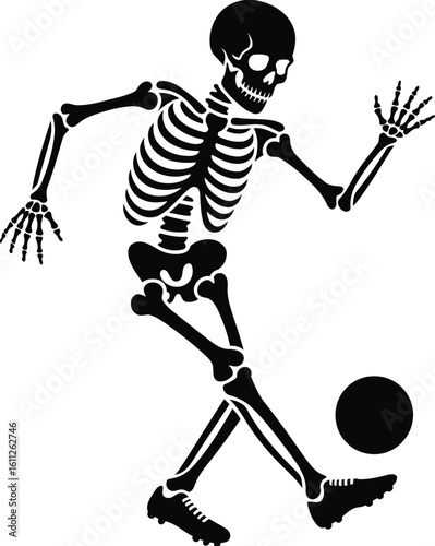Skeleton Playing Soccer Ball Silhouette Vector, Transparent Background.