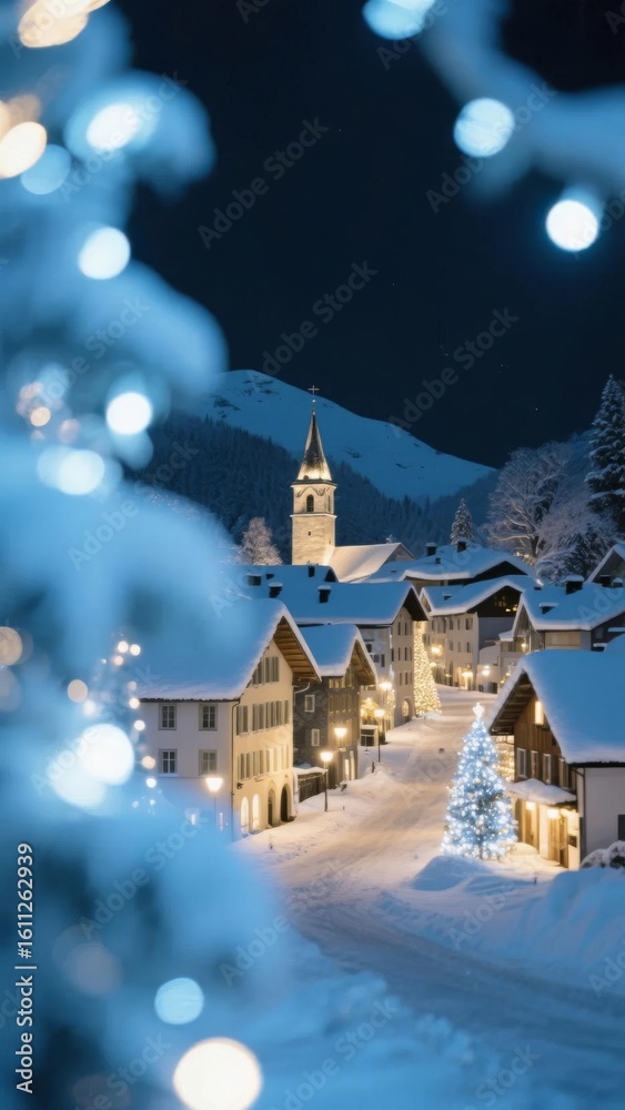 Fototapeta premium Snowy Village at Night with Illuminated Church and Decorated Trees