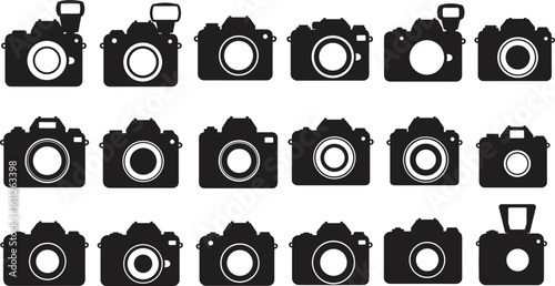 Camera icon vector set, black photography symbols, DSLR and mirrorless silhouette clipart, digital photo equipment icons, camera illustration pack