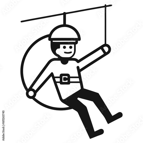 Monochrome Graphic Icon Depicting Ziplining Man with Helmet and Safety Harness Equipment Over a Cloud Shape