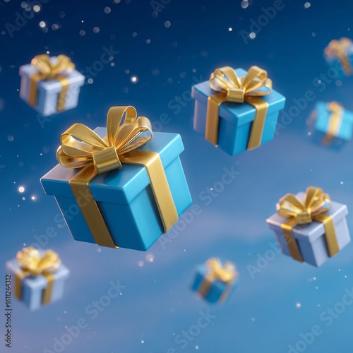 Colorful Gift Boxes with Ribbons Floating in the Air Against Blue Background