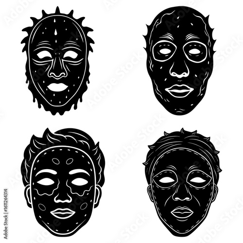 Four black and white tribal masks with different designs in a symmetrical arrangement on a white background