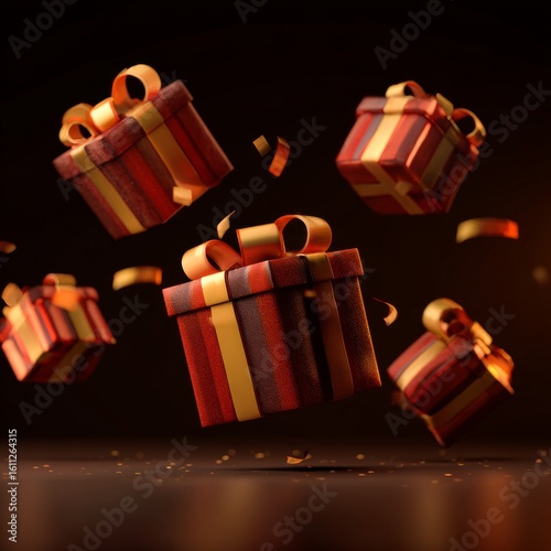 Colorful Gift Boxes with Ribbons Floating Against Dark Background