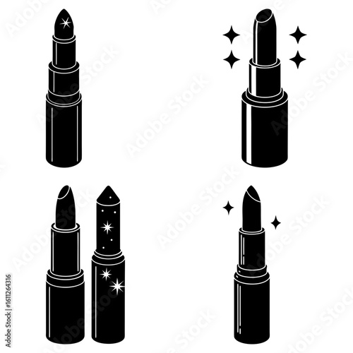 Illustration of four black lipsticks with different designs and sparkling effects on a white background