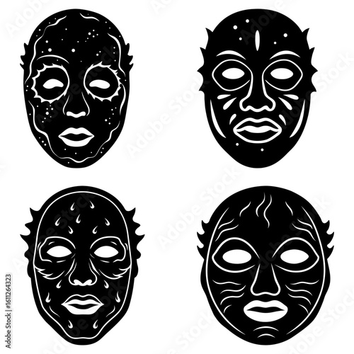 Four different black and white tribal masks with unique designs and facial features displayed together