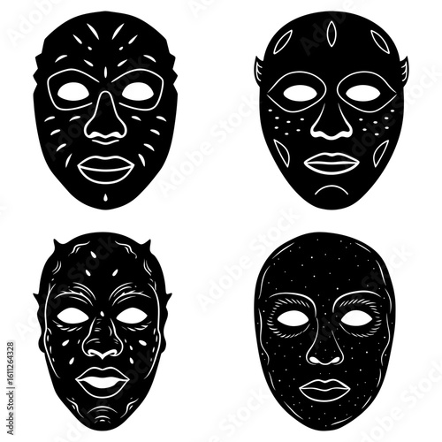 Illustration of four black and white tribal masks with unique designs and facial features displayed together