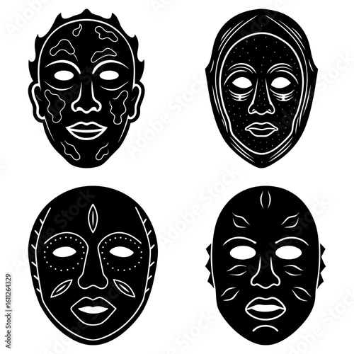 Four black and white tribal masks with unique designs and features in a symmetrical arrangement style art