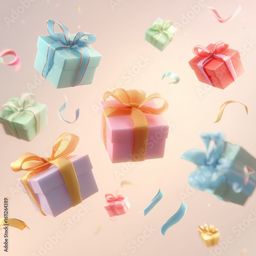 Colorful Gift Boxes with Ribbons in Whimsical Setting