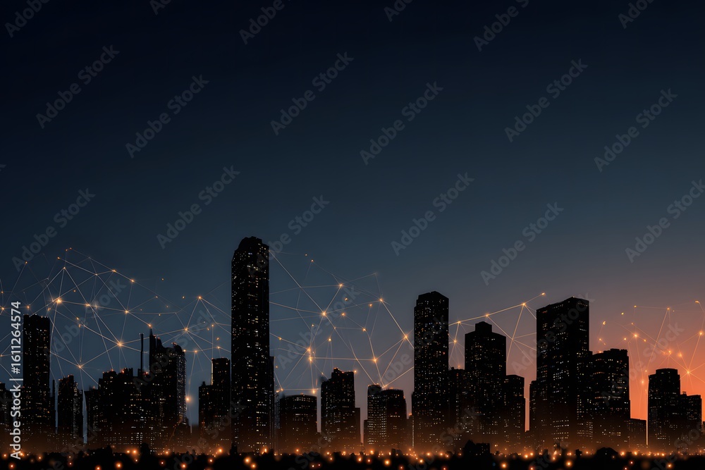 Fototapeta premium A silhouette of the city skyline at dusk, with glowing lights and network connections